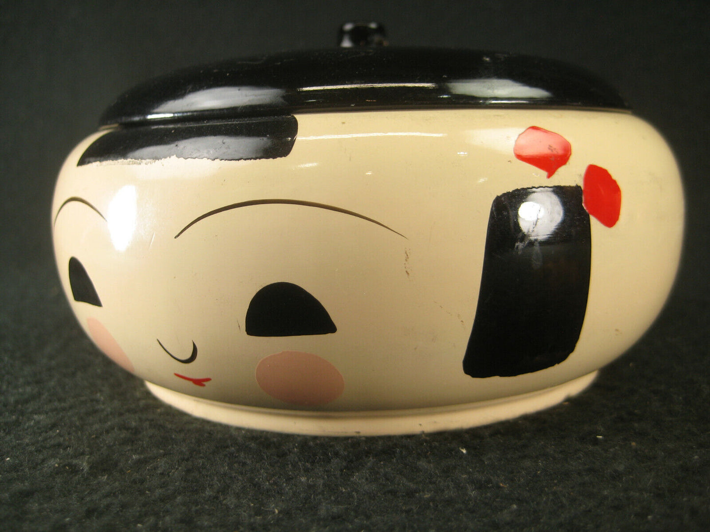 Wooden Laquer Kokeshi Head Box W/ Face Hand Painted & Lidded Cute Red Pink