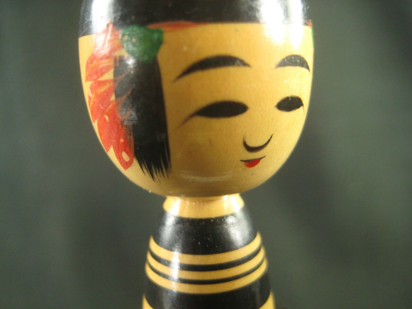 Vintage Japanese Kokeshi Wooden Doll W/ Hand Painted Red Lotus Signed 3.5"