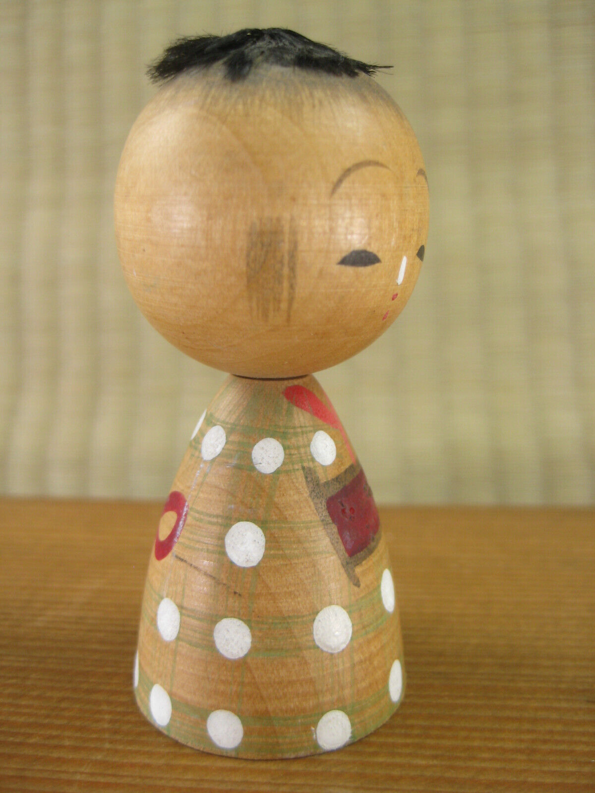 Vintage Japanese Kokeshi Small WoodenDoll White Polka Dot 3"
