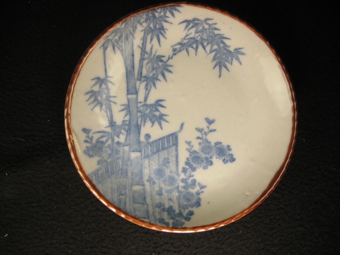Antique Japanese Meiji Era (C1910) 7" Ceramic Blue/ White Imari Dish Bamboo