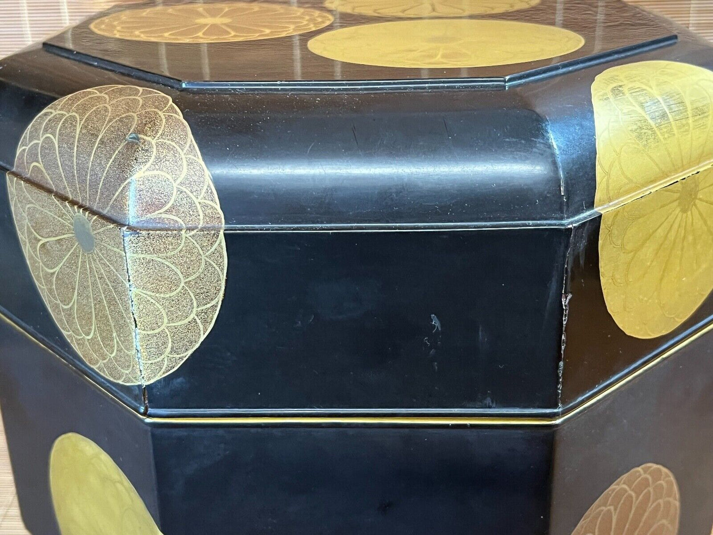 Antique Japanese Lacquered Wedding Container Red/Black/Gold 11"