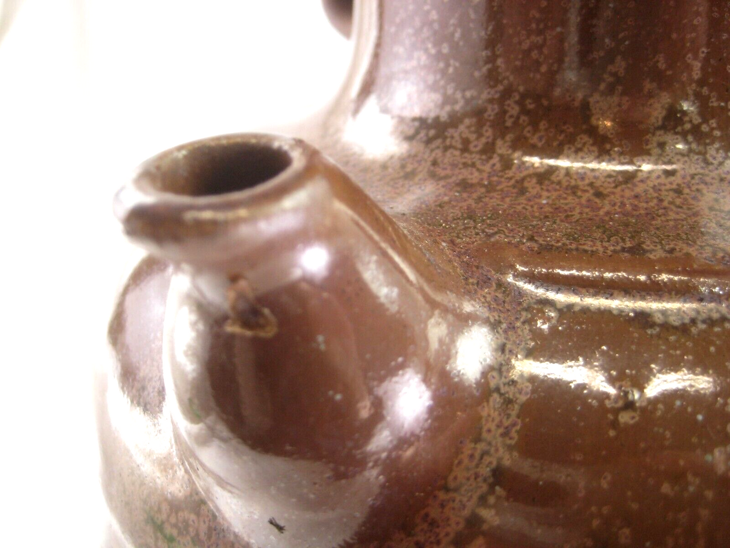 Antique Chinese (C1940) Large Brown Oil Jug With Original Wood Stopper 10.5"