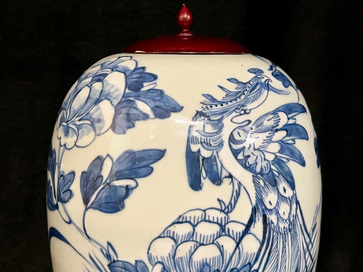 Antique Chinese Qing 19Th Century Blue & White Jar Hand Painted Phoenix 18"