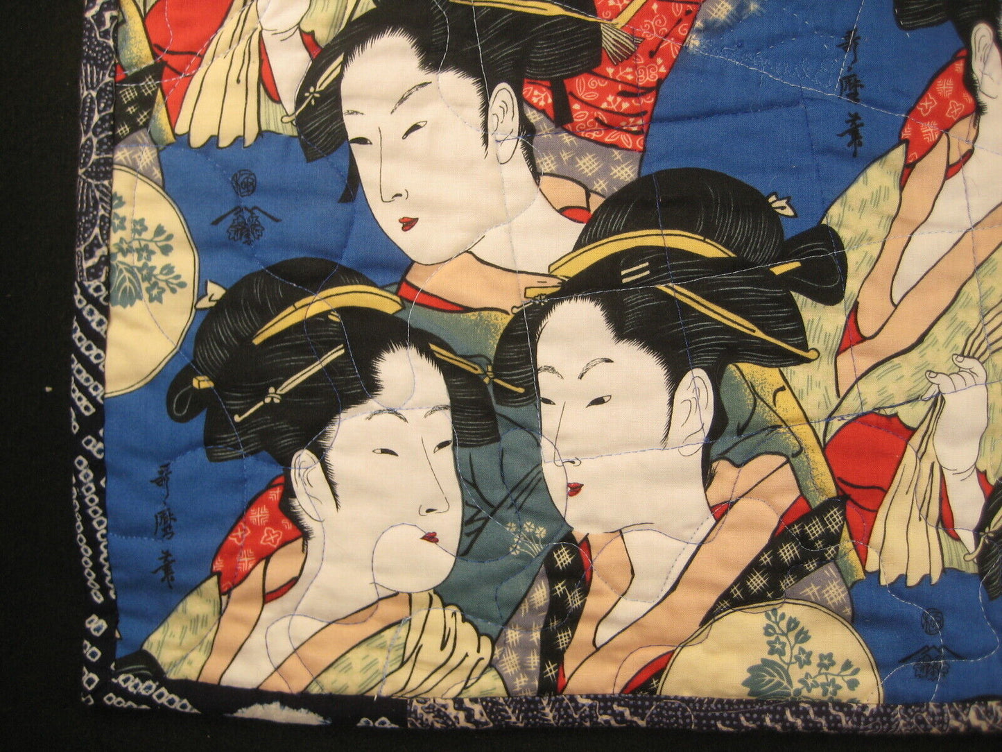 Vintage Japanese Printed Cotton Stiched Quilt Utamaro Courtesan Geisha Design