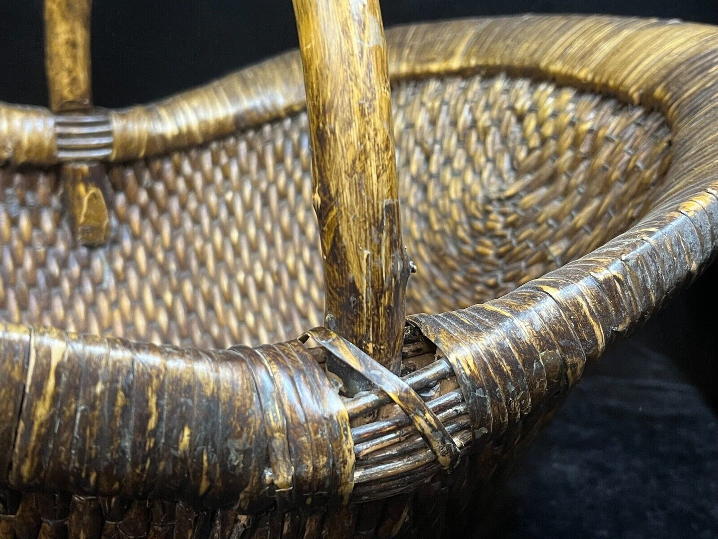 Antique Chinese c1900 Late Qing Hand Made Bamboo Rice Basket With Handle 22"L