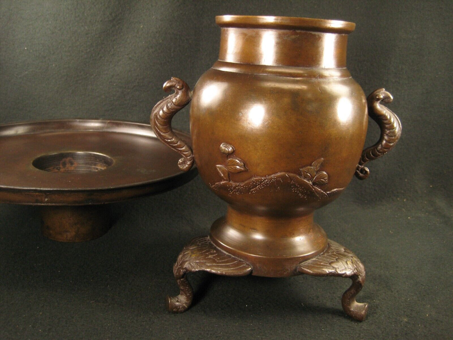 Antique Japanese Signed Usubata Bronze Ikebana Flower Vase Birds & Flowers
