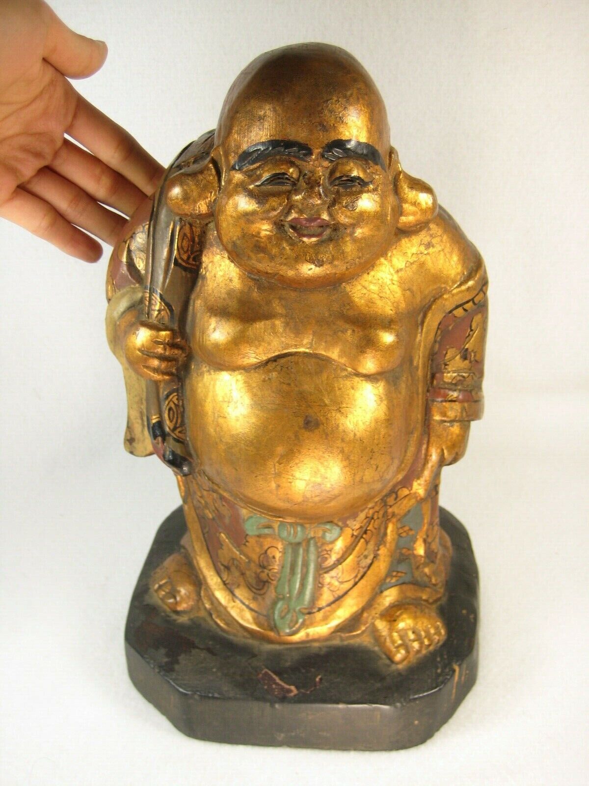 Antique Japanese Kiri Wood & Lacquer Statue Buddhist God Of Luck Hotei