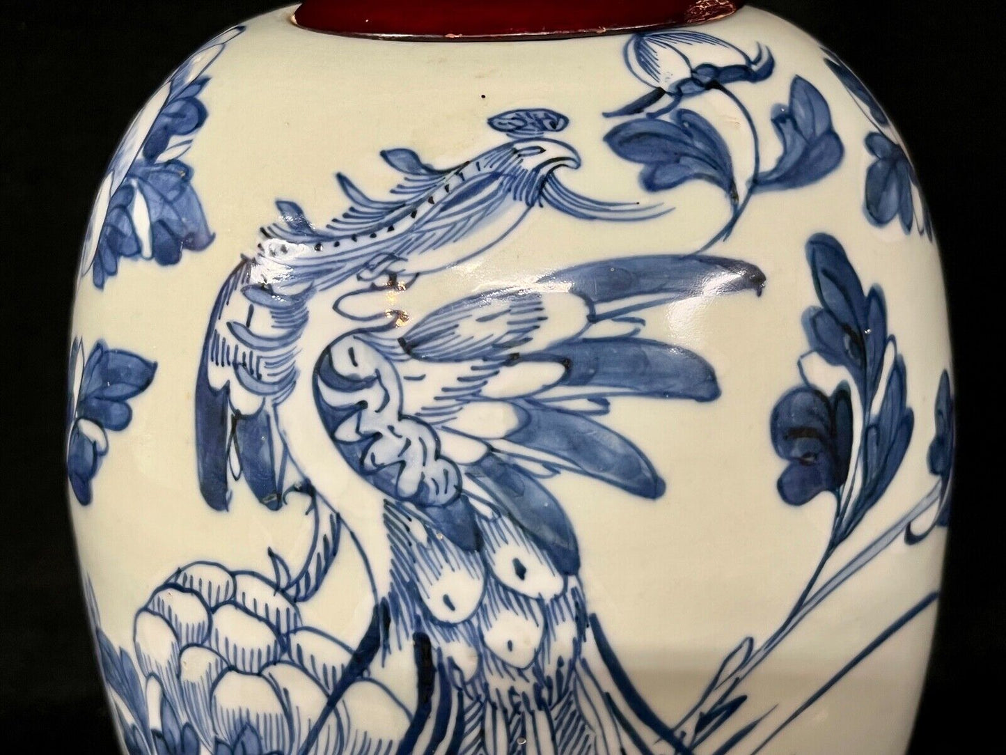 Antique Chinese Qing 19Th Century Blue & White Jar Hand Painted Phoenix 18"