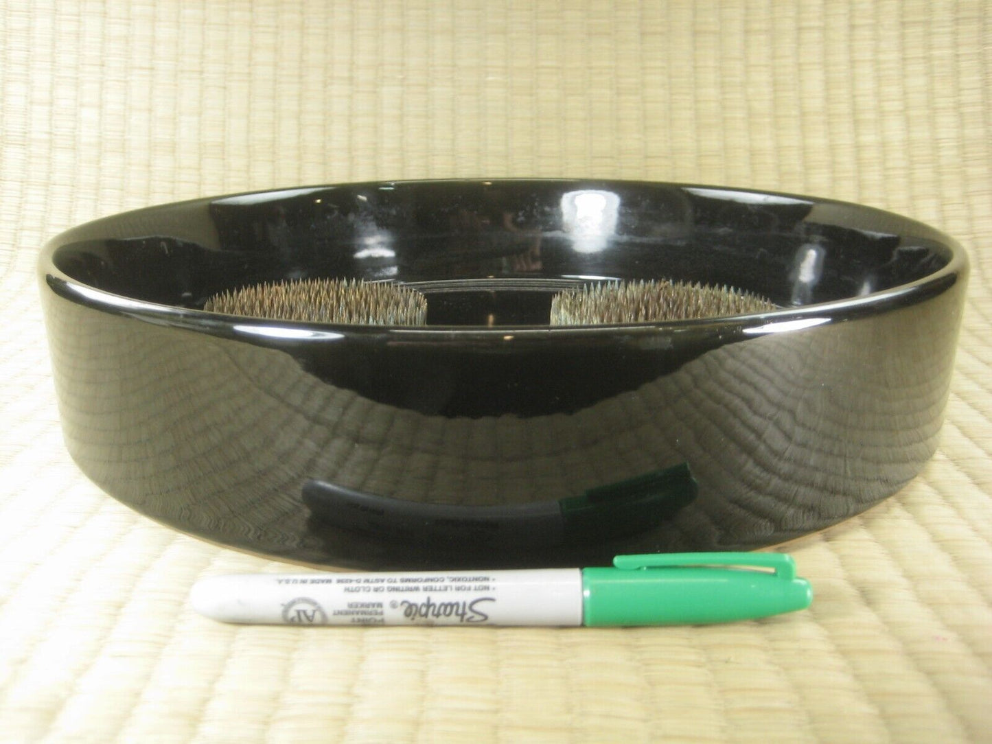 Japanese Ceramic Ikebana Vase With 2 kenzan Flower Frogs Attached Black 12.5"