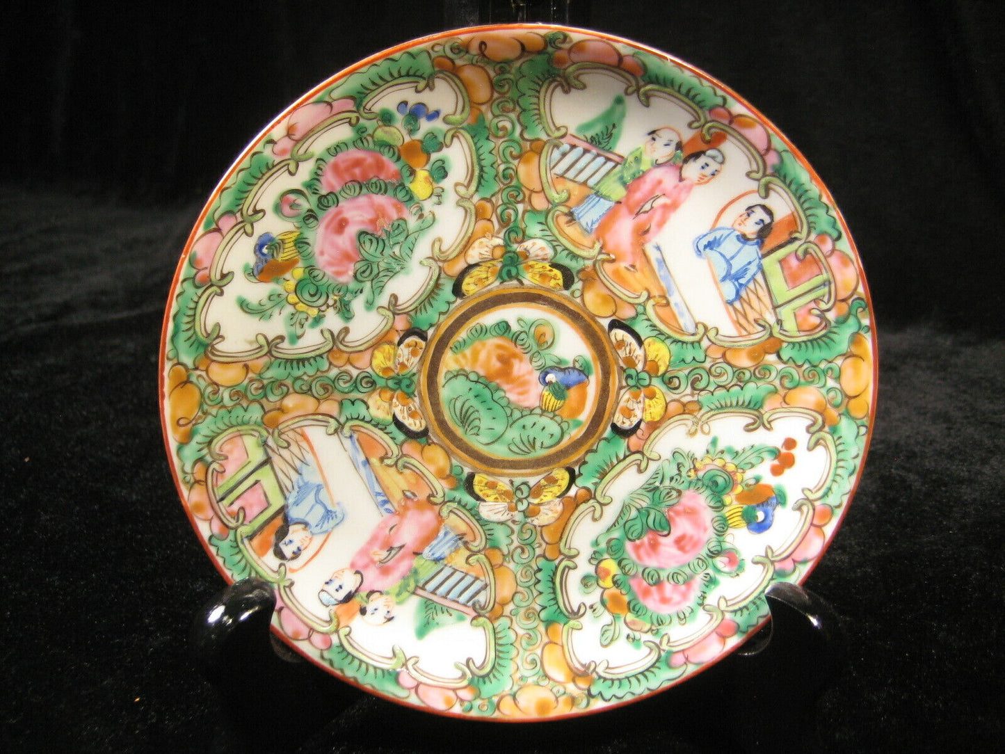 Vintage Chinese Ceramic Hand Painted Plate Dish Pink Green Birds & Flowers 5"