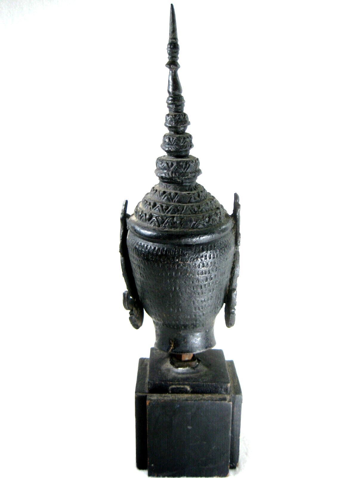 Vintage Thai Bronze Small Cast Buddah Head Smiling W/ Tall Crown & Flowers