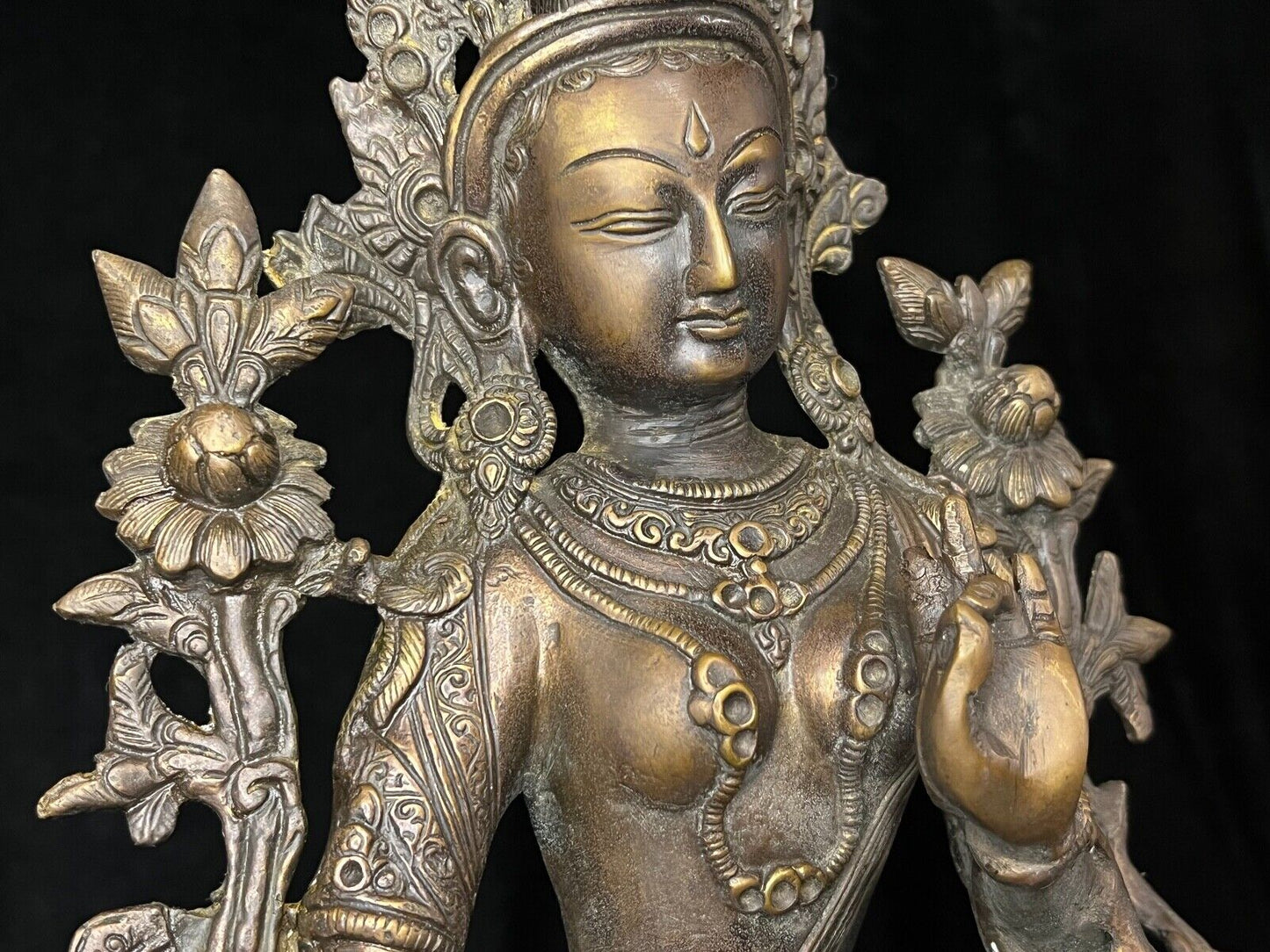 Vintage Tibetan Bronze Green Tara Statue Buddhist Goddess Of Compassion 14.5"H
