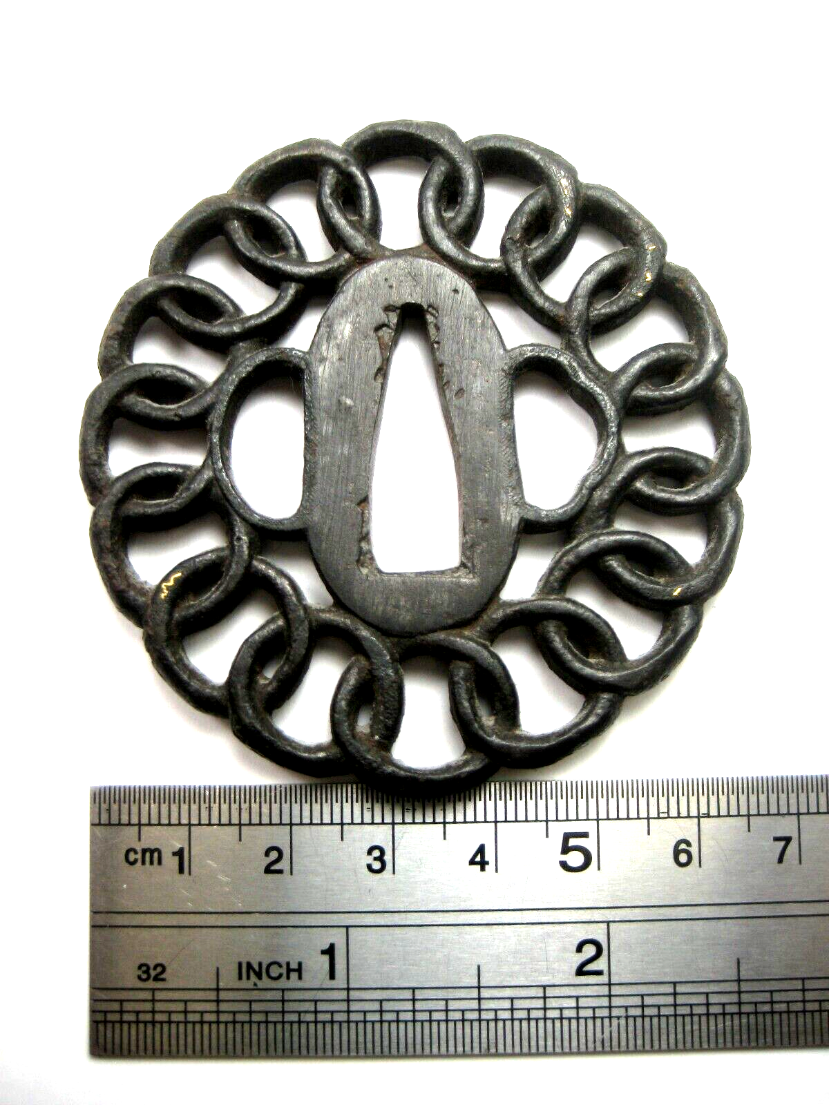Antique Japanese Edo(C1596-1868) Samurai Tsuba Sword Hilt Etched Chain Link