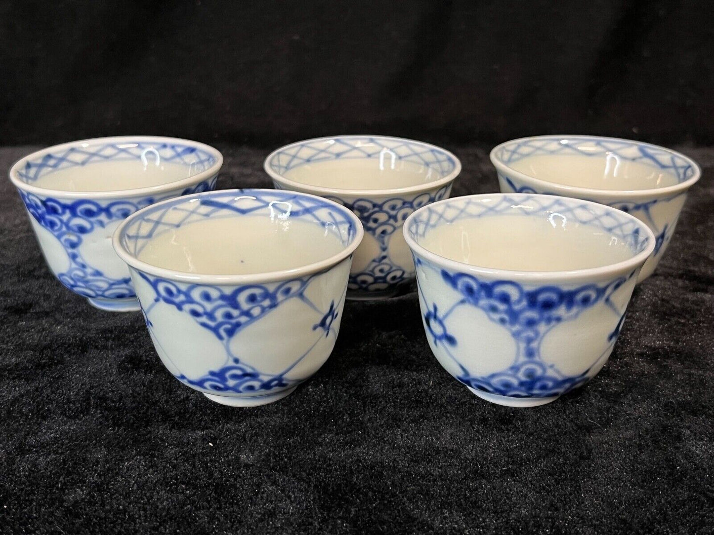 Antique Japanese Set 19Thc Imari Blue&White Hand Painted Ceramic Tea Cups 3"