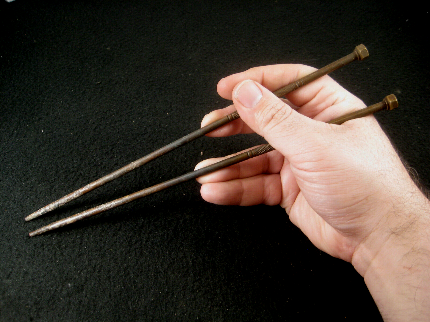 Antique Japanese (C1860) Chado Hibashi Fire Chopstick Bronze Hex Topped 10 "