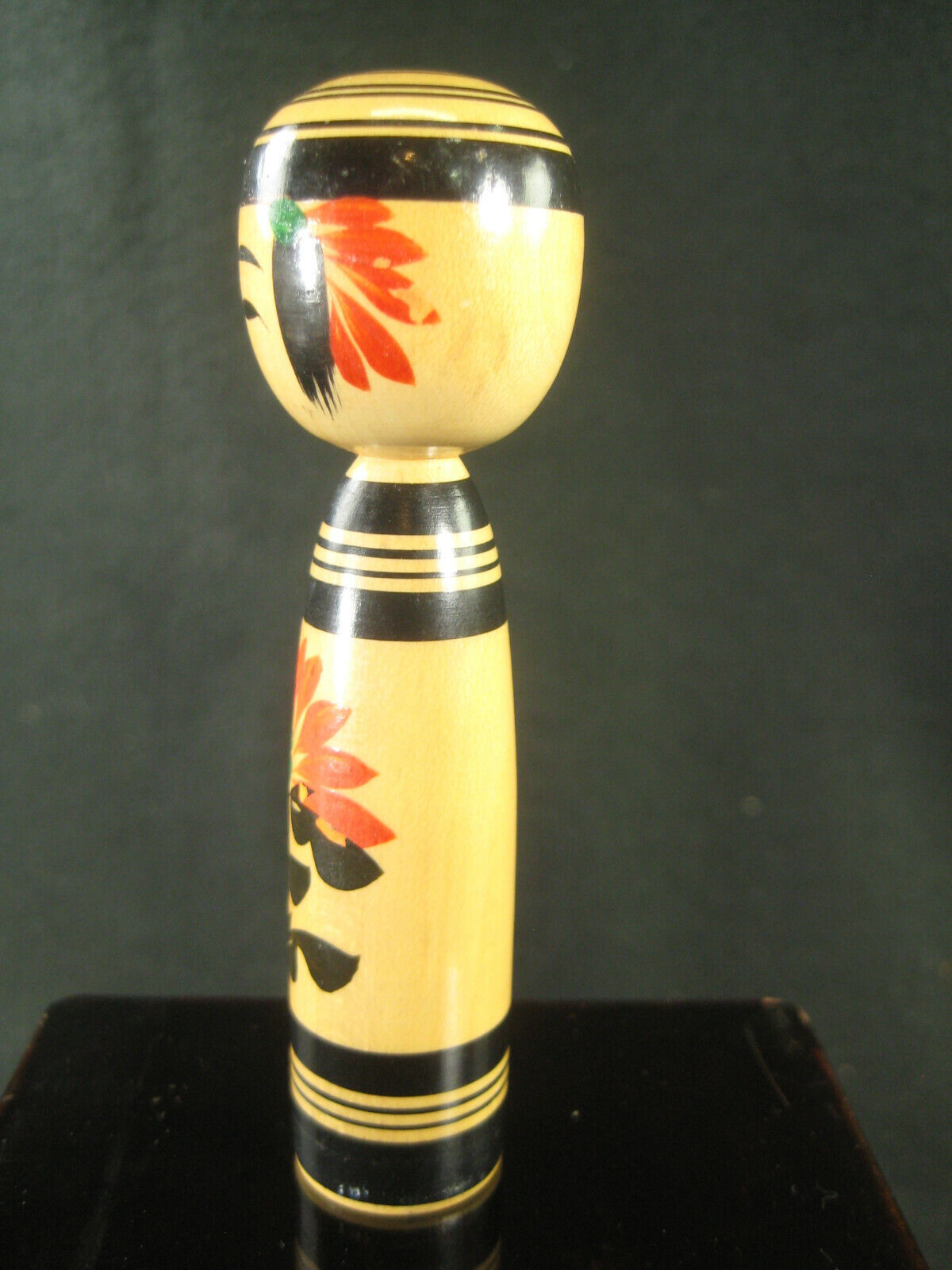 Vintage Japanese Kokeshi Wooden Doll W/ Hand Painted Red Lotus Signed 3.5"