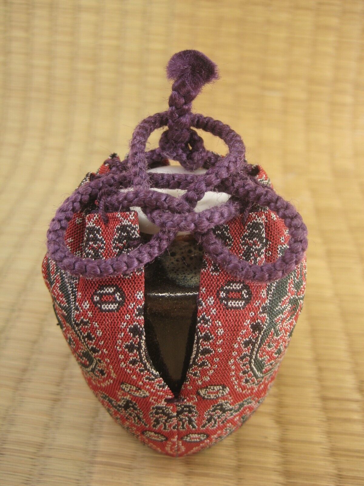 Japanese Cha-Ire Ceramic Tea Caddy Katatsuki Flask W/Shifuku Bag Chanoyu