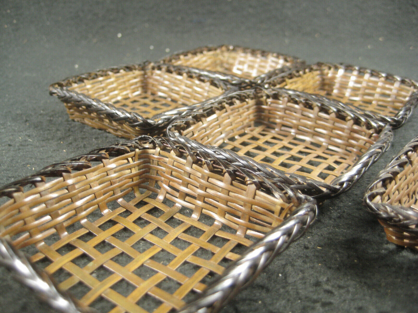 Vintage Set Of 6 Japanese Tiny Woven Bronze Baskets 2.5" X 2.5"