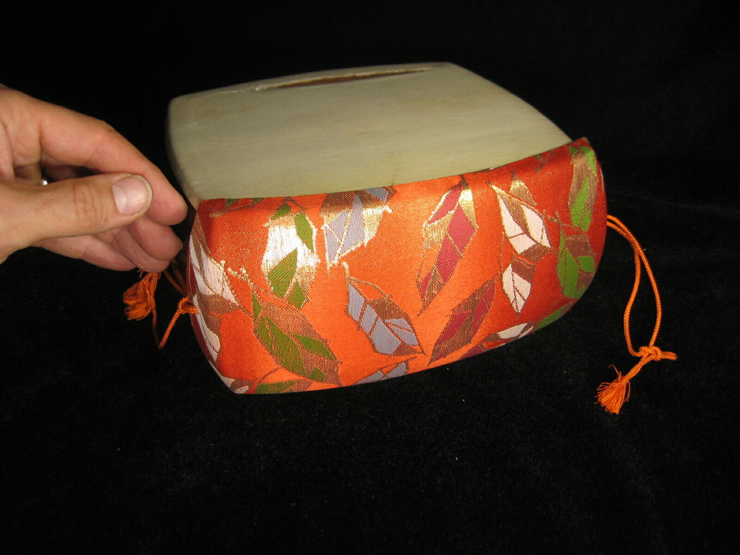 Vintage Japanese Shamisen Doukake Side Cover For Dou (Body) Orange W/ Leaves