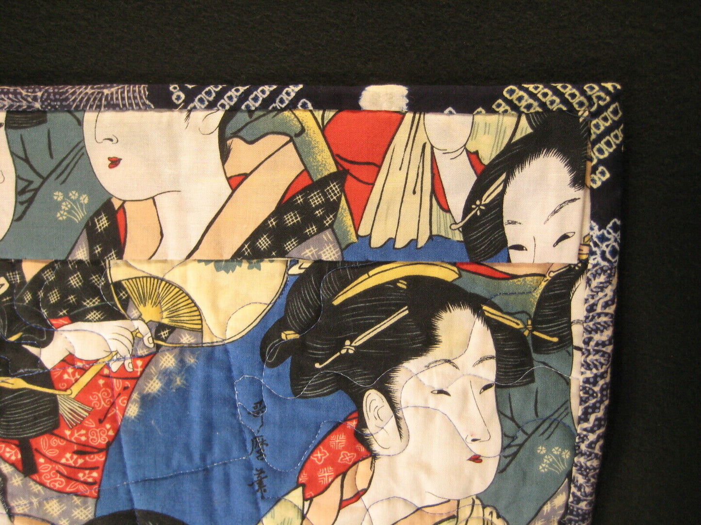 Vintage Japanese Printed Cotton Stiched Quilt Utamaro Courtesan Geisha Design