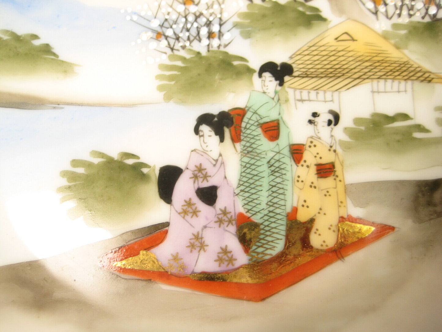 Antique Japanese Meiji Era c.1930 Small Signed Ceramic Plate Dish Geisha Scenic 7"