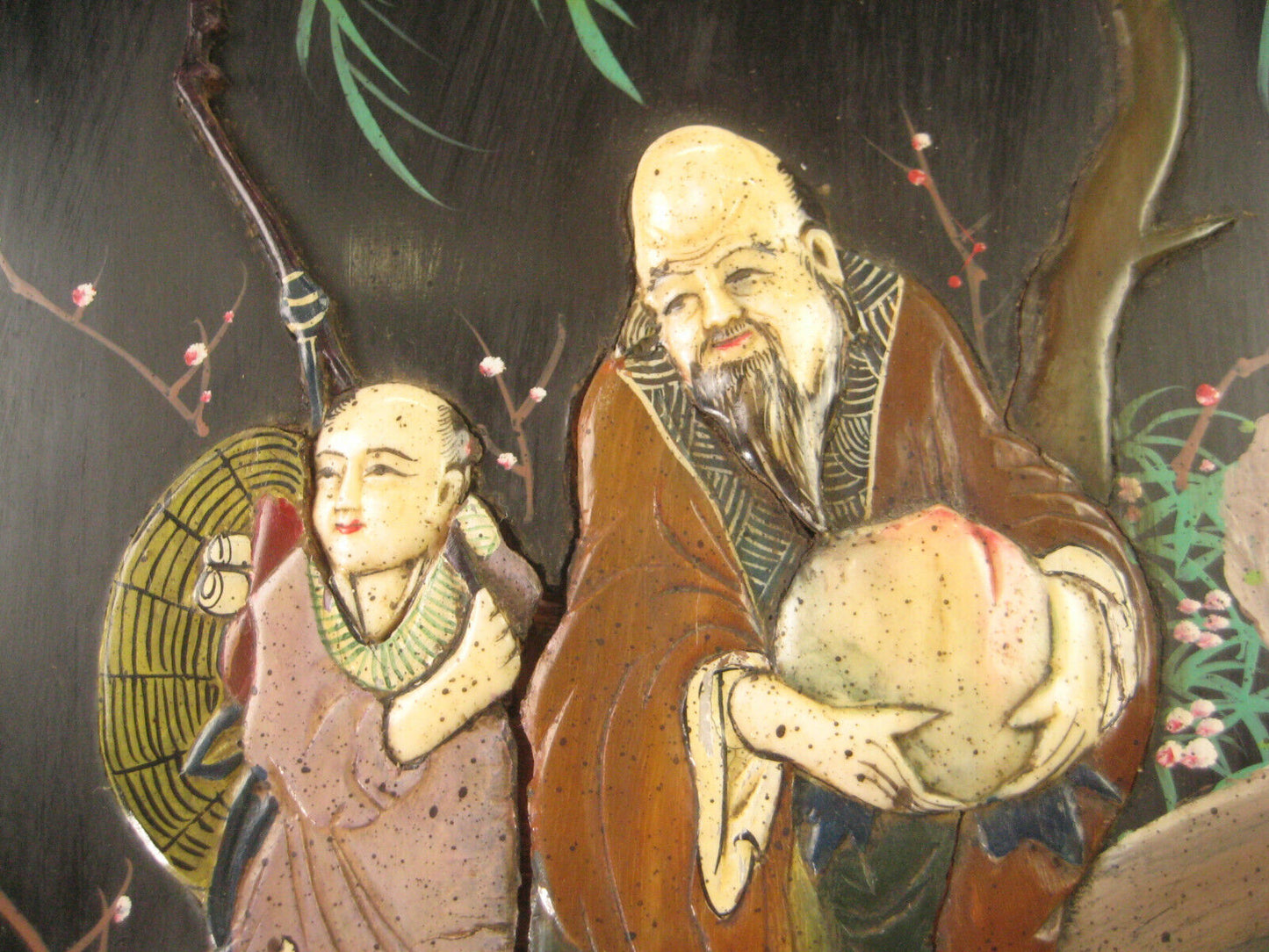 Vintage Chinese Oil Painting On Black With "Embossed" Resin Figurs On Wood