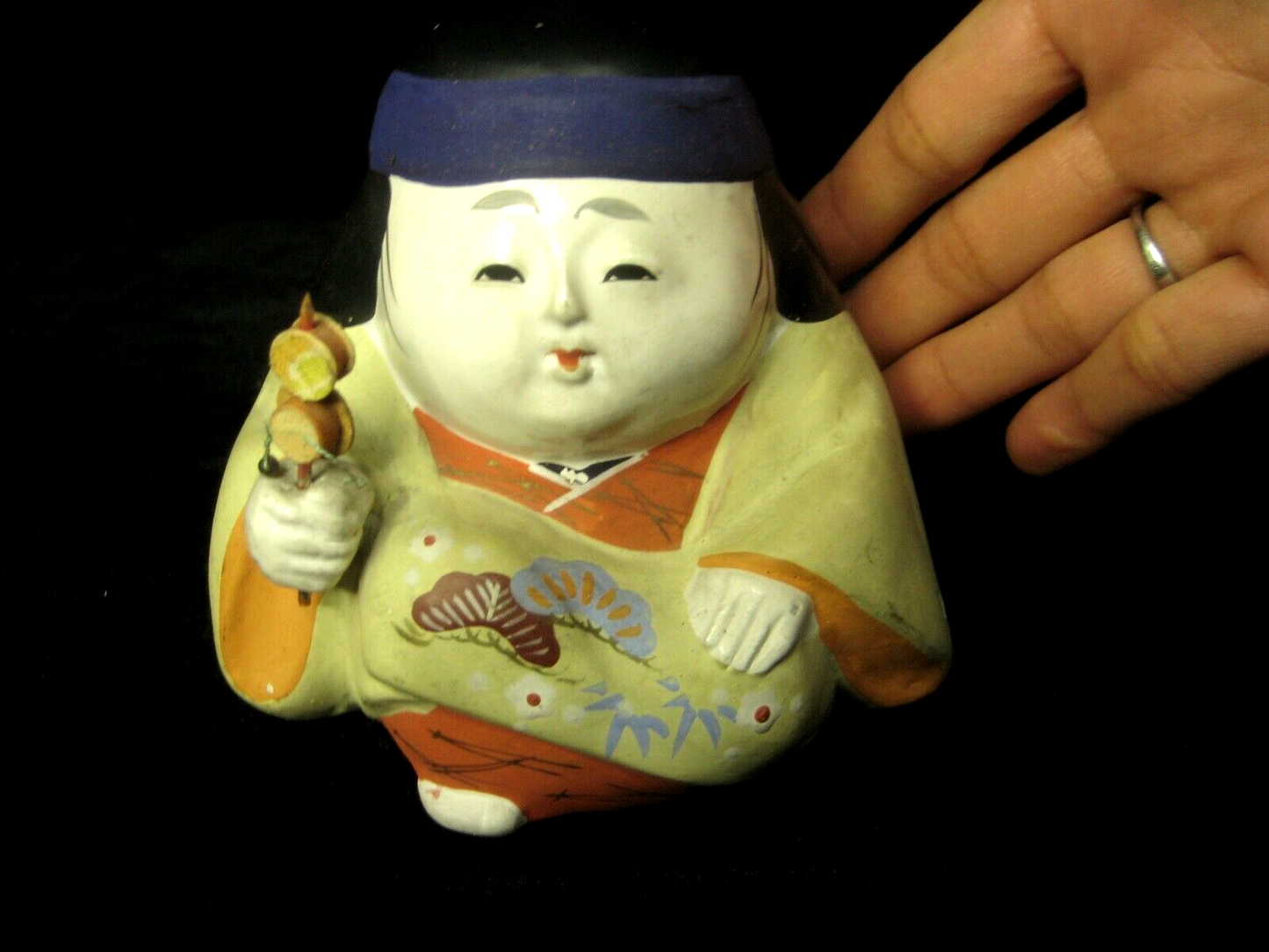 Vintage Japanese Hakata All Hand Painted Doll Ceramic Kimono Pine & Bamboo 4"H