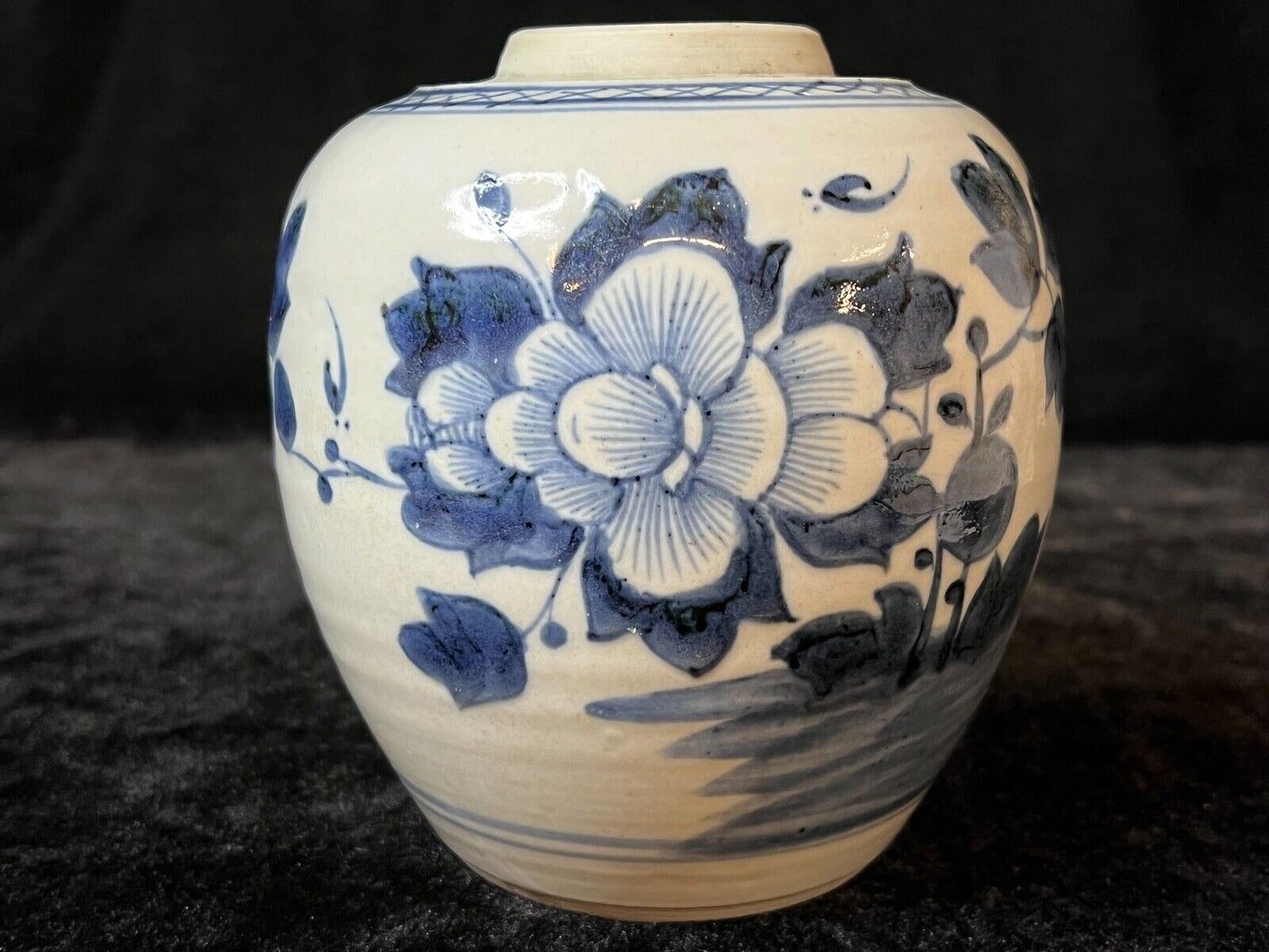 Antique Chinese Qing 19Th Century Cobalt Blue & White Jar Peonies 5.5"
