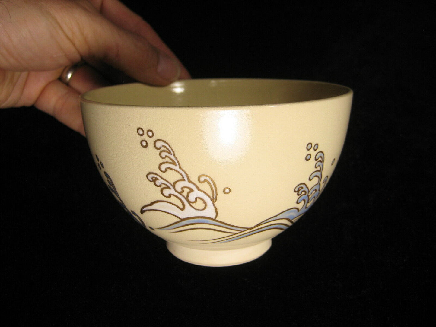 Vintage Japanese Signed Chawan Tea Ceremony Bowl Ceramic Wave Motif 5"