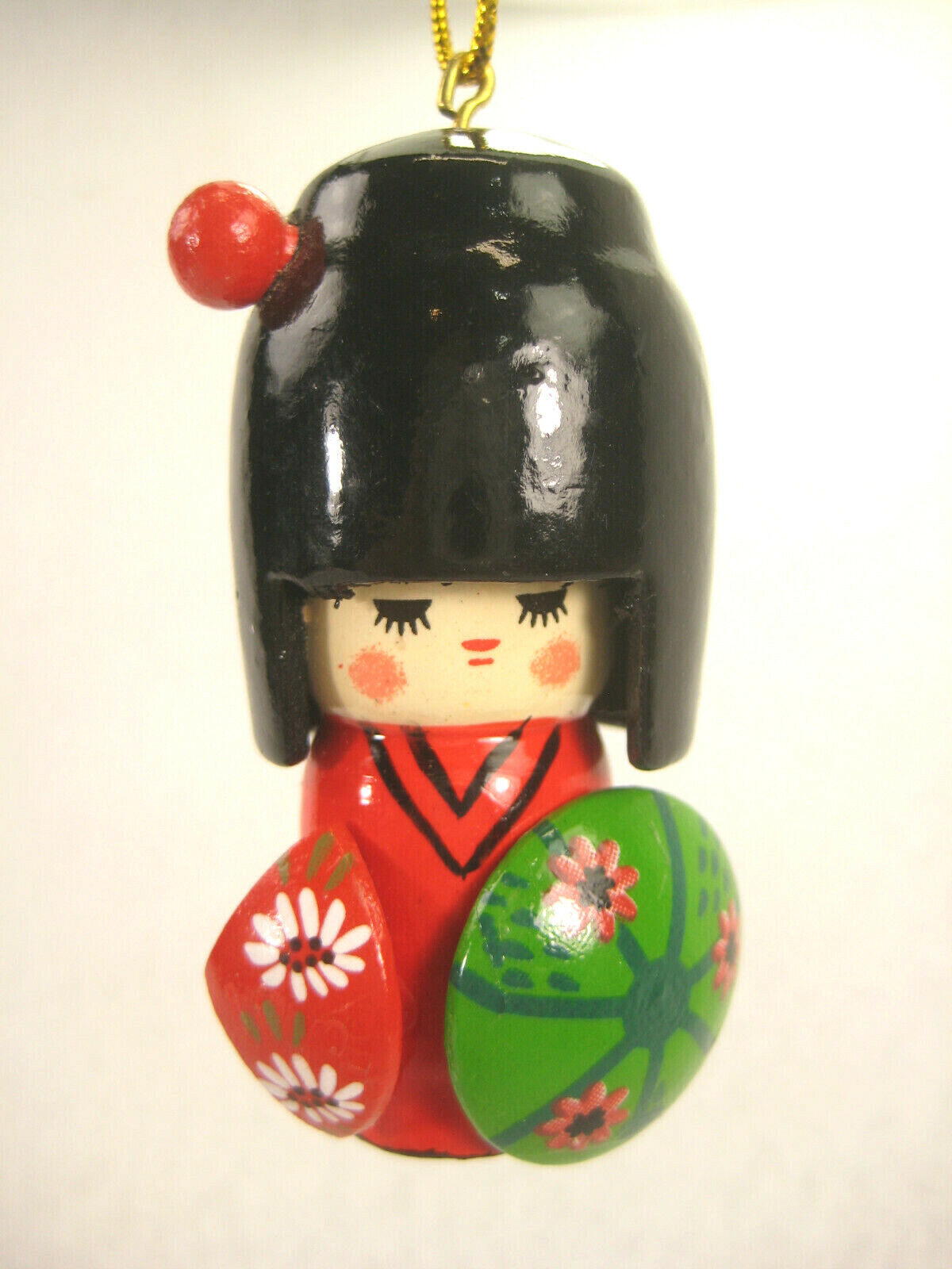 Japanese Hanging Kokeshi Ornement Red Kimono Green Hat Red Fan Tall Hair