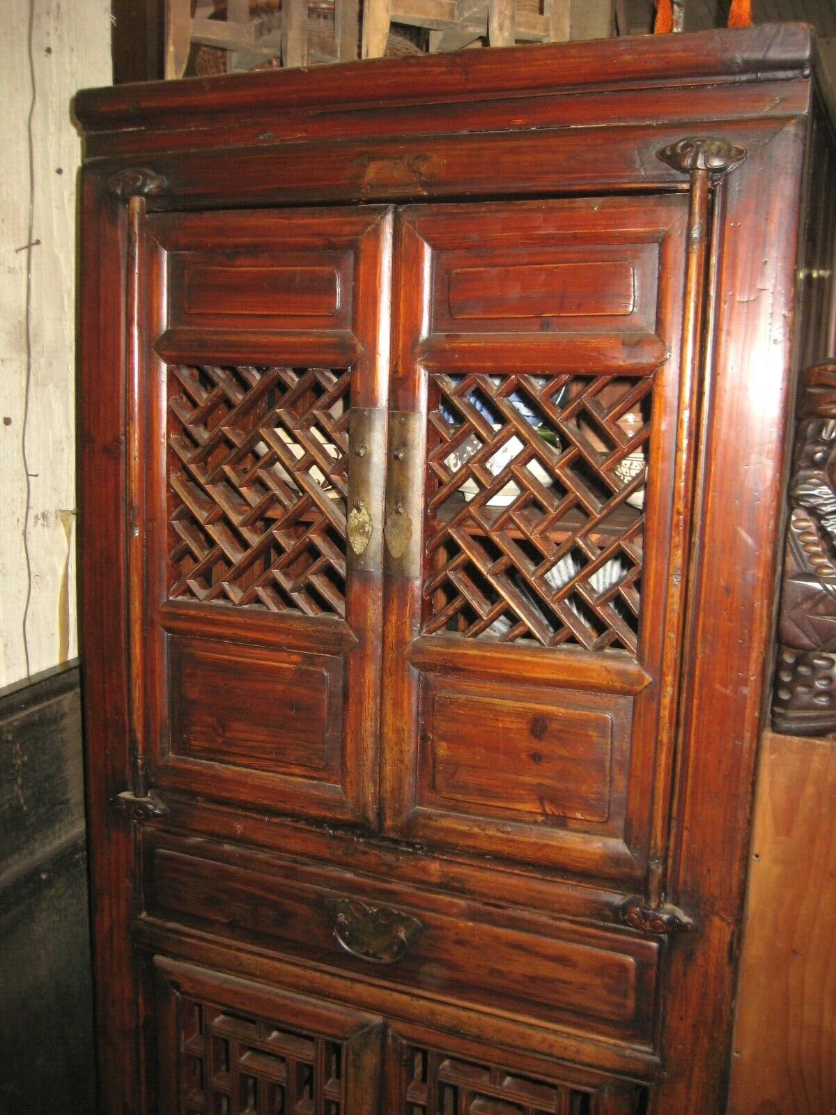 Antique Chinese Qing Dynasty Hand Built Wooden Lattice Cabinet Door 11"X 25"