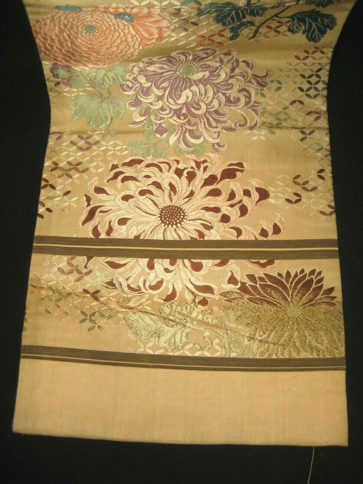 Japanese Cream Color Obi Sash For Kimono Belt Chrysanthemum Kiku Flowers