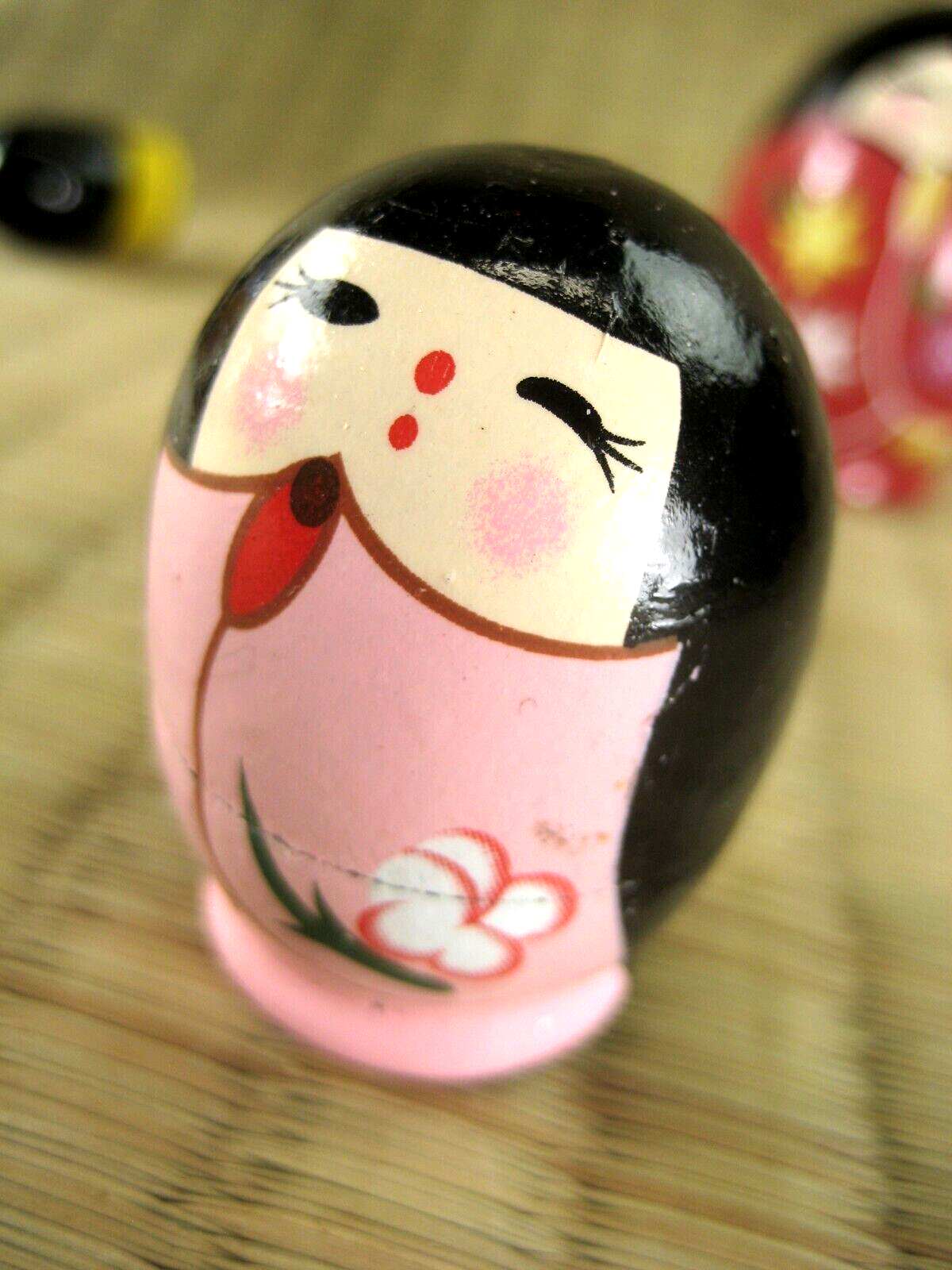 Set Of 5 Japanese Kokeshi Wooden Nesting Dolls In Floral Kimono Matryoshka 10"