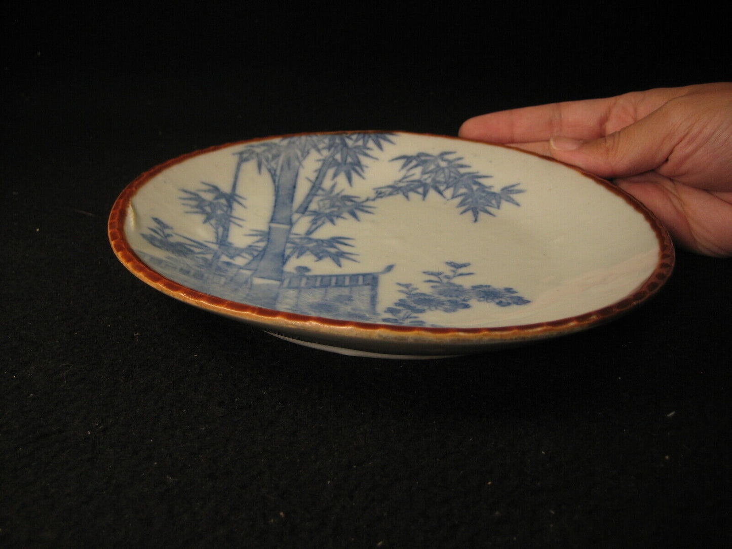 Antique Japanese Meiji Era (C1910) 7" Ceramic Blue/ White Imari Dish Bamboo