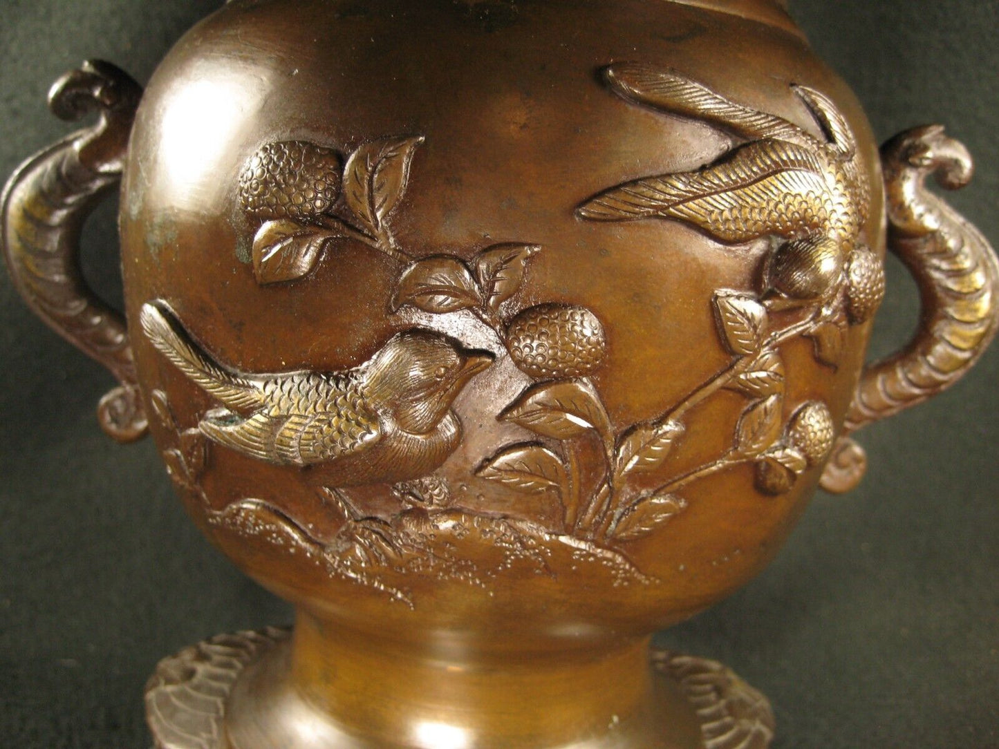 Antique Japanese Signed Usubata Bronze Ikebana Flower Vase Birds & Flowers
