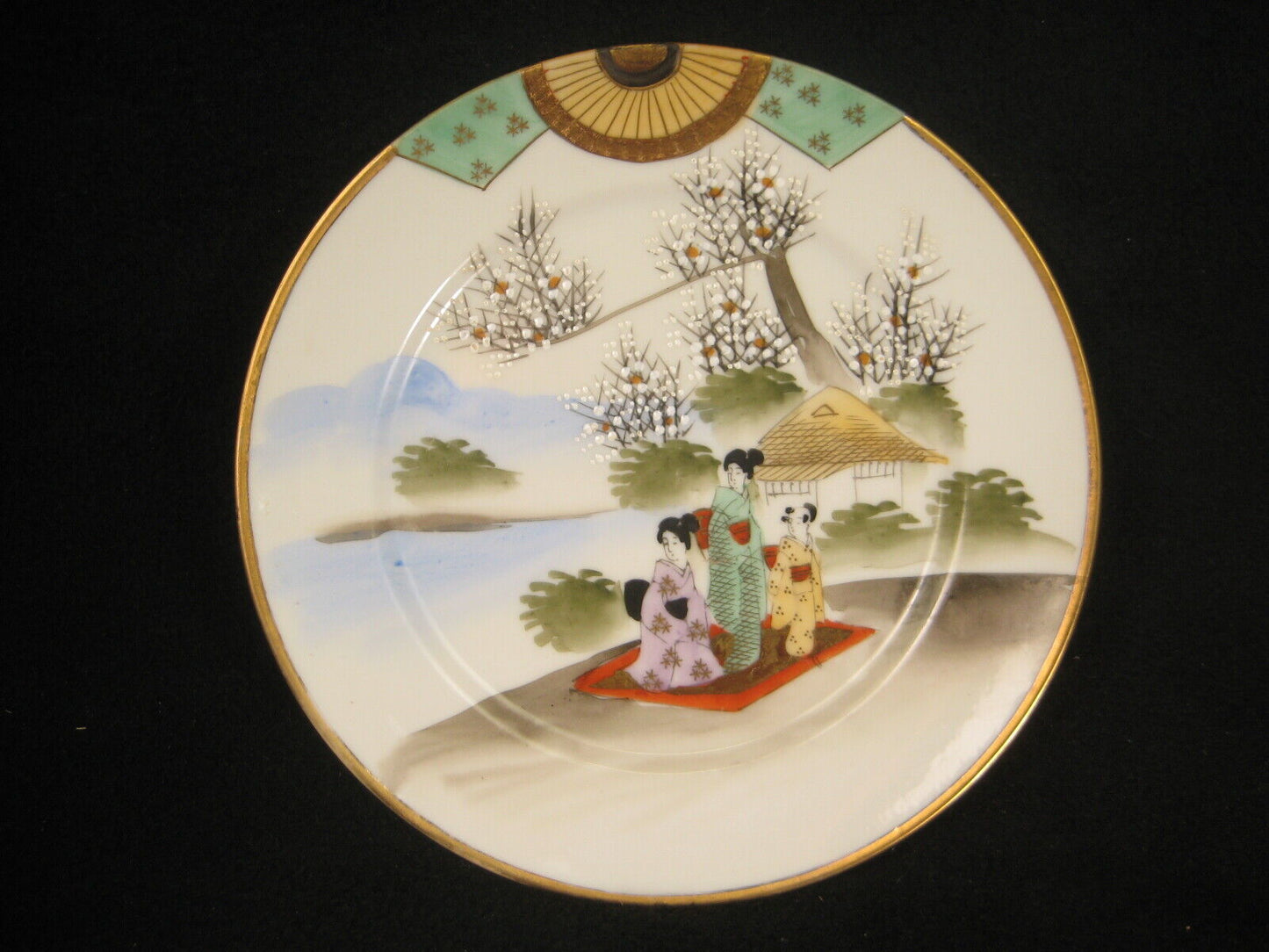 Antique Japanese Meiji Era c.1930 Small Signed Ceramic Plate Dish Geisha Scenic 7"