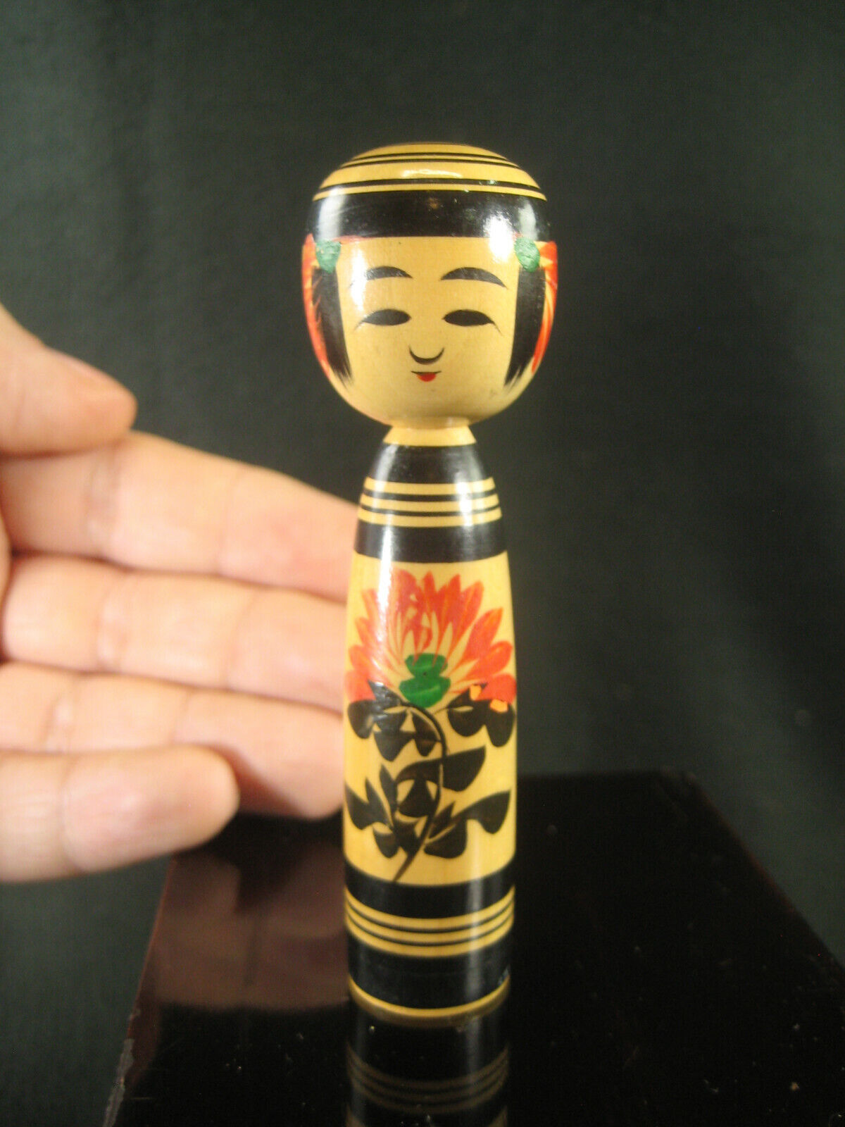 Vintage Japanese Kokeshi Wooden Doll W/ Hand Painted Red Lotus Signed 3.5"