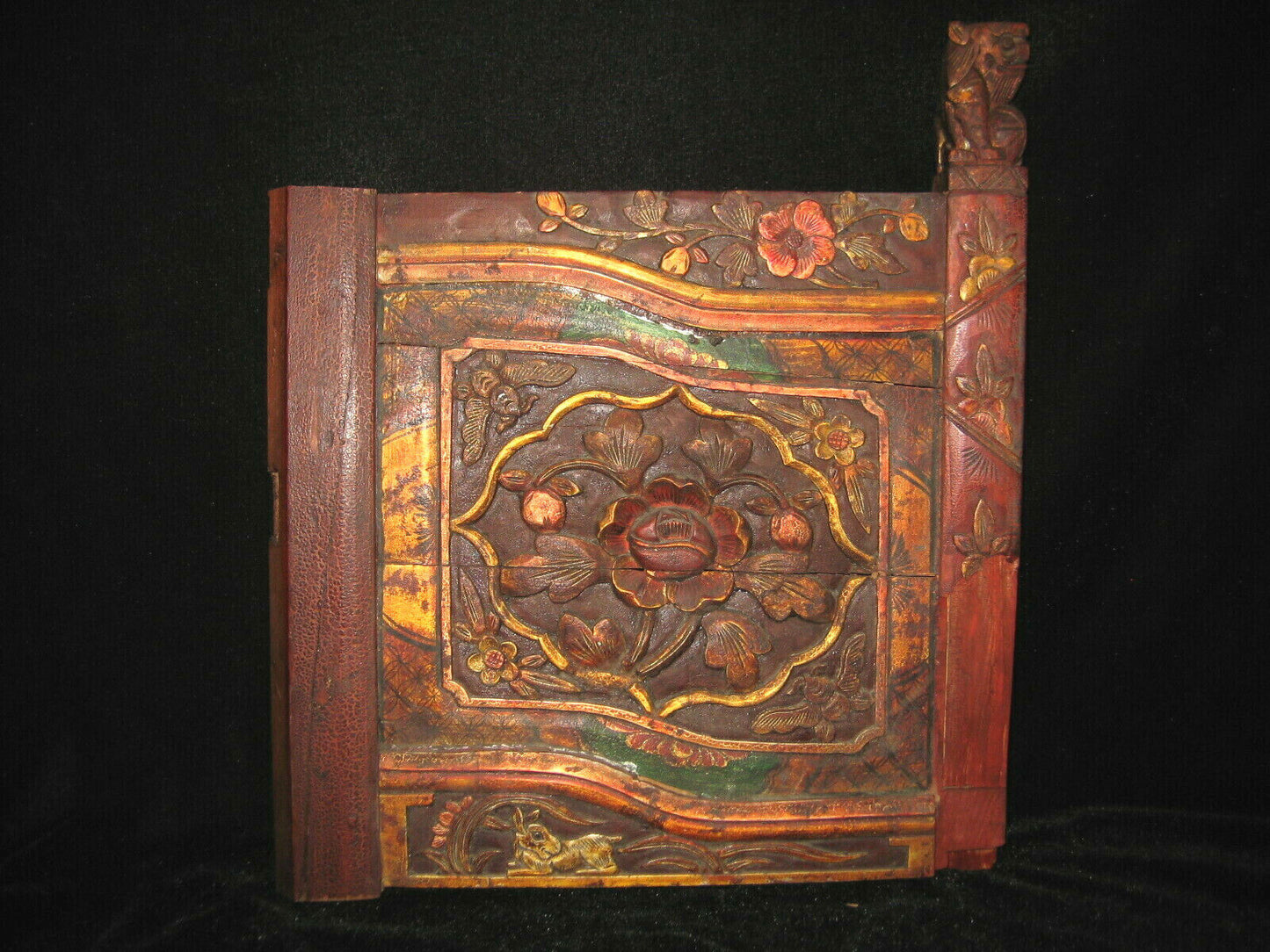 Antique Chinese Qing Dynasty 150Yrs Hand Carved Wood Red Black & Gold Foo-Dog