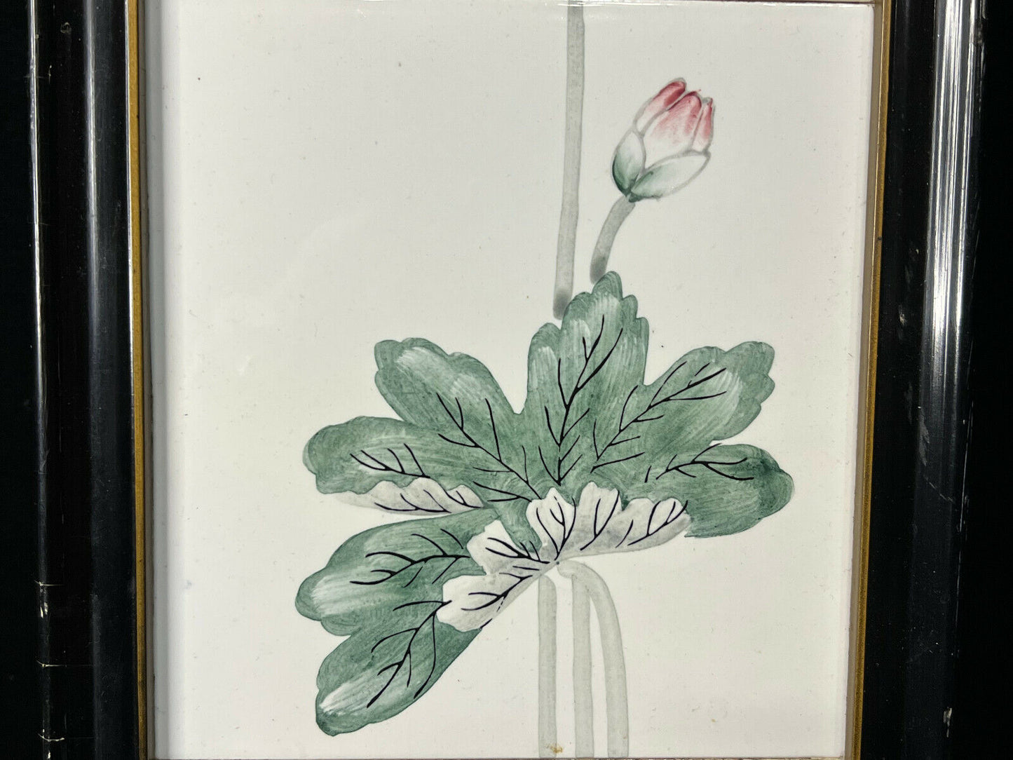 Vintage Japanese Hand Painted Tile Panels Framed Lotus Flowers 25" X 7"