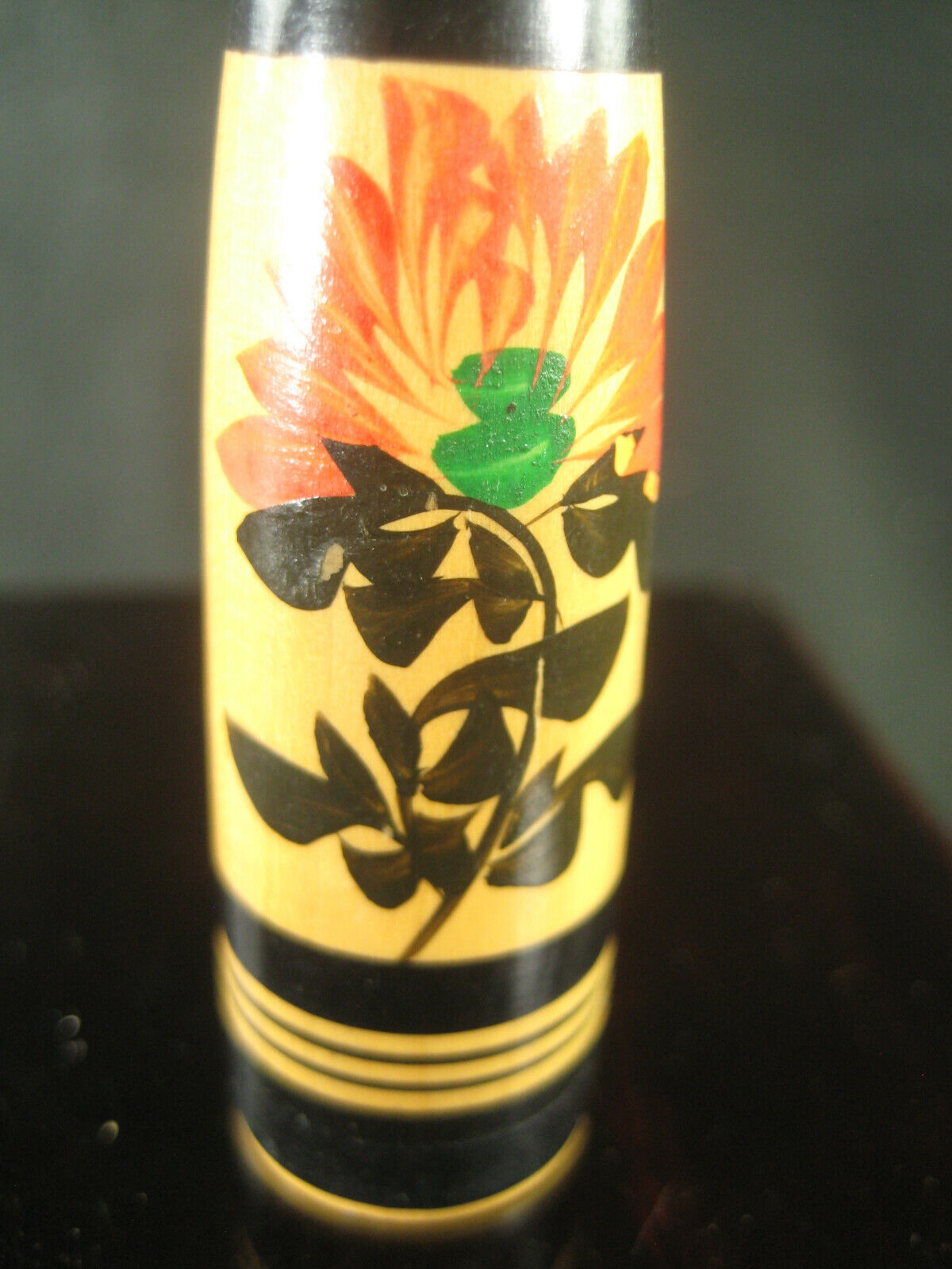 Vintage Japanese Kokeshi Wooden Doll W/ Hand Painted Red Lotus Signed 3.5"