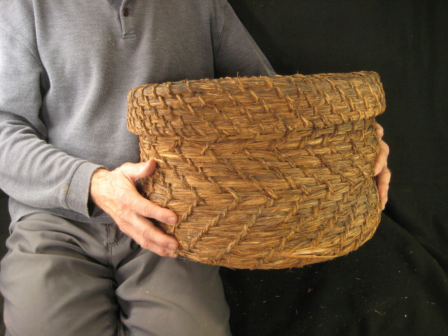 Antique Japanese Taisho Era (C. 1920) Rope Weave Kago Lidded Storage Basket