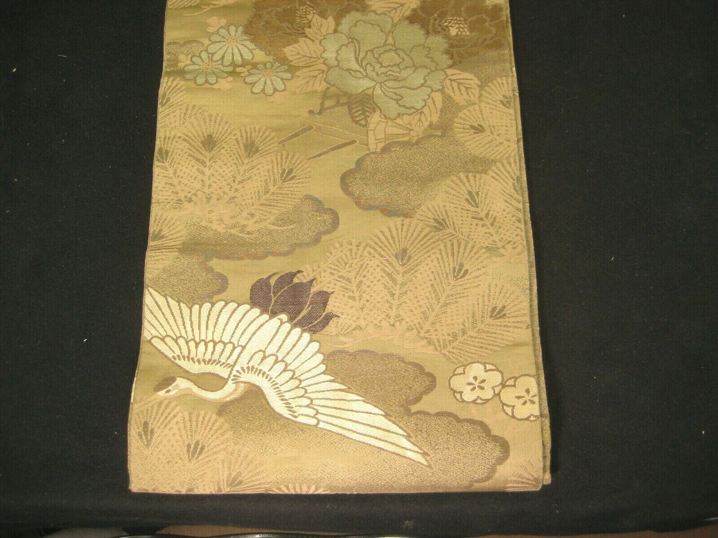 Japanese Green Obi Sash For Kimono Cranes Plum Pine Chrysanthemum Flowers