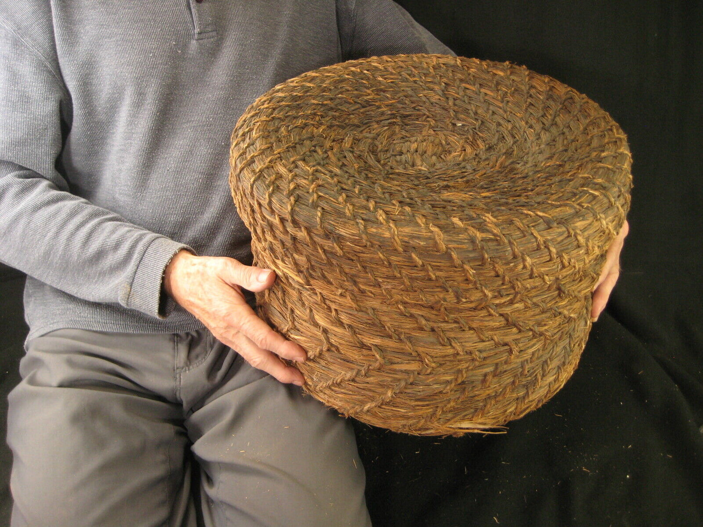 Antique Japanese Taisho Era (C. 1920) Rope Weave Kago Lidded Storage Basket
