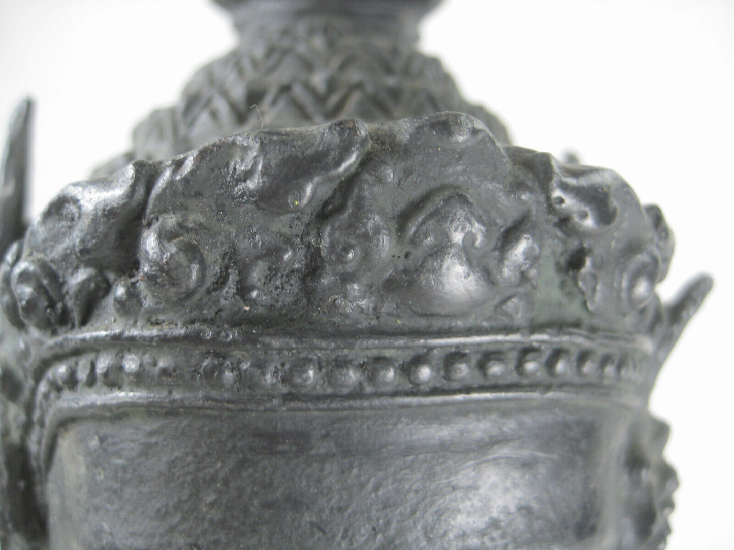 Vintage Thai Bronze Small Cast Buddah Head Smiling W/ Tall Crown & Flowers
