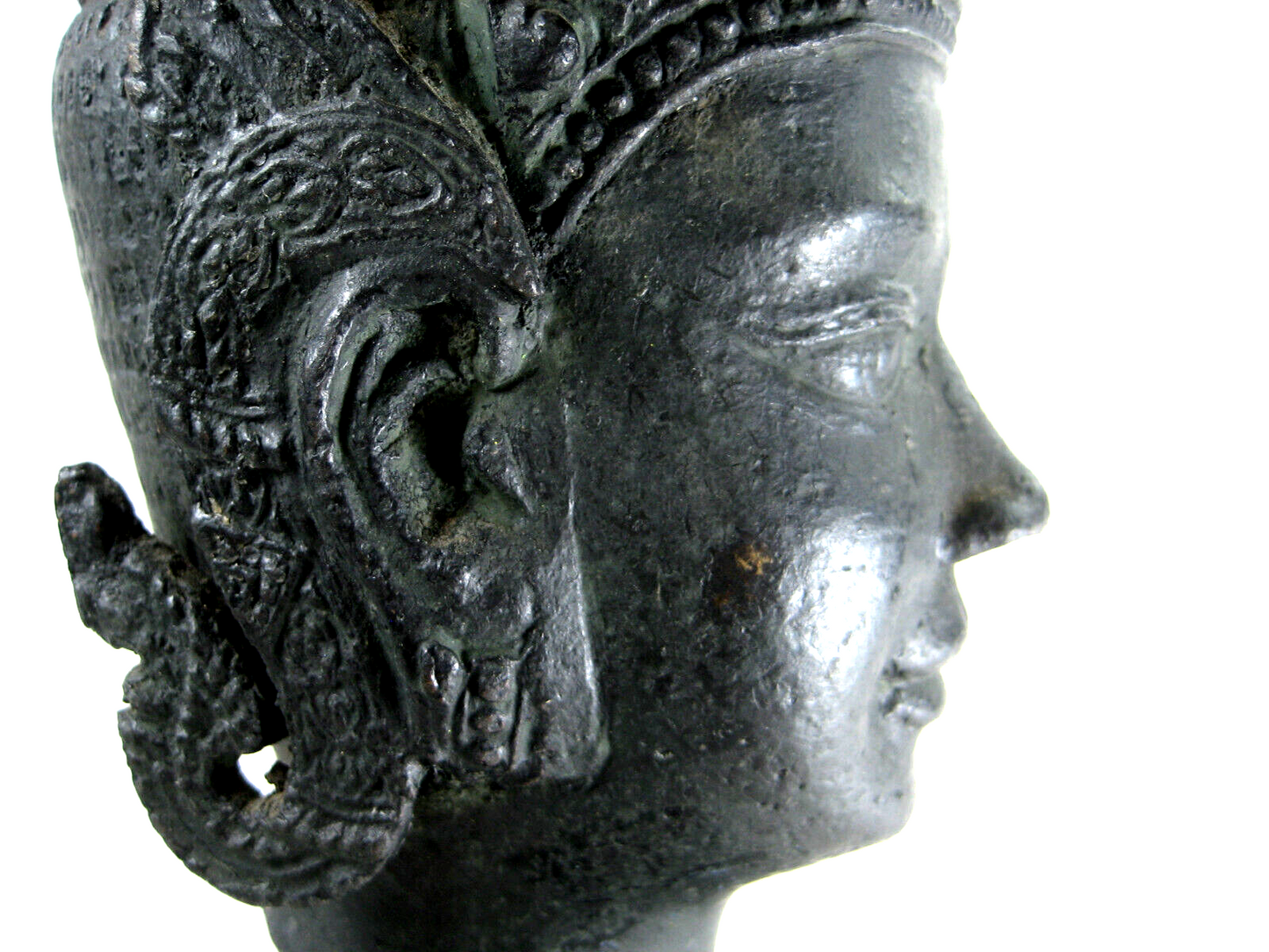 Vintage Thai Bronze Small Cast Buddah Head Smiling W/ Tall Crown & Flowers