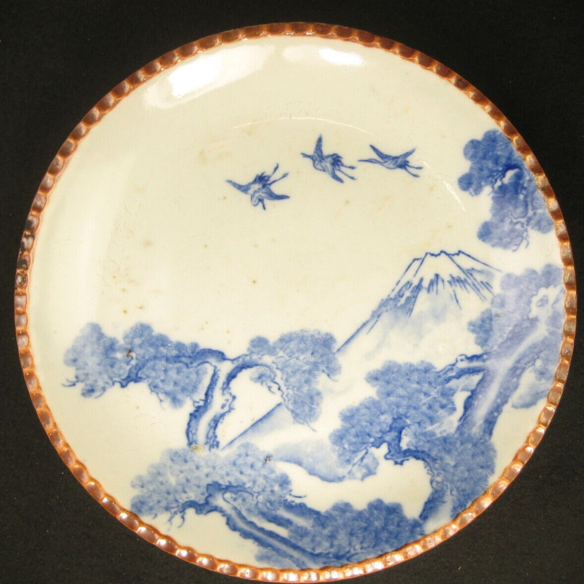 Antique c1900 Meiji Era Japanese Ceramic Imari Plate Cranes Pine & Mt Fuji
