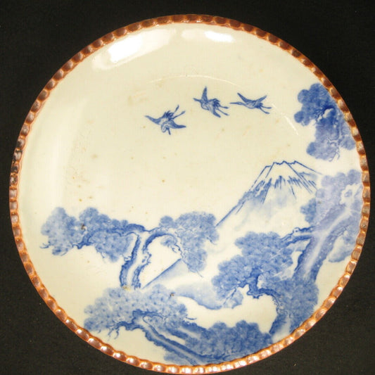 Antique c1900 Meiji Era Japanese Ceramic Imari Plate Cranes Pine & Mt Fuji