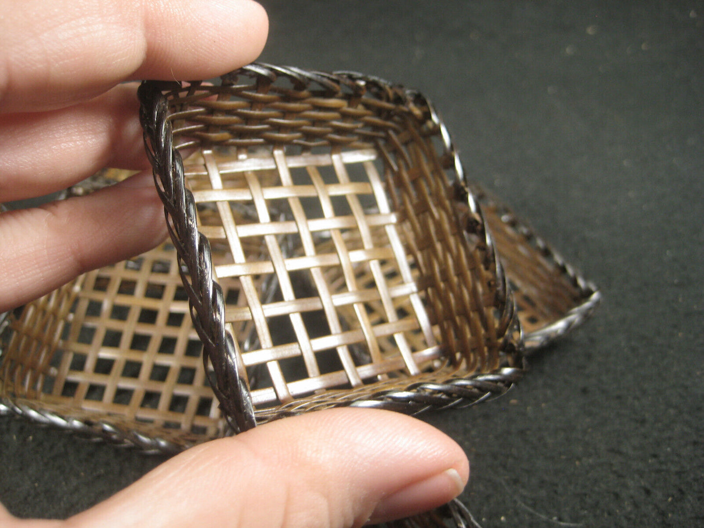 Vintage Set Of 6 Japanese Tiny Woven Bronze Baskets 2.5" X 2.5"