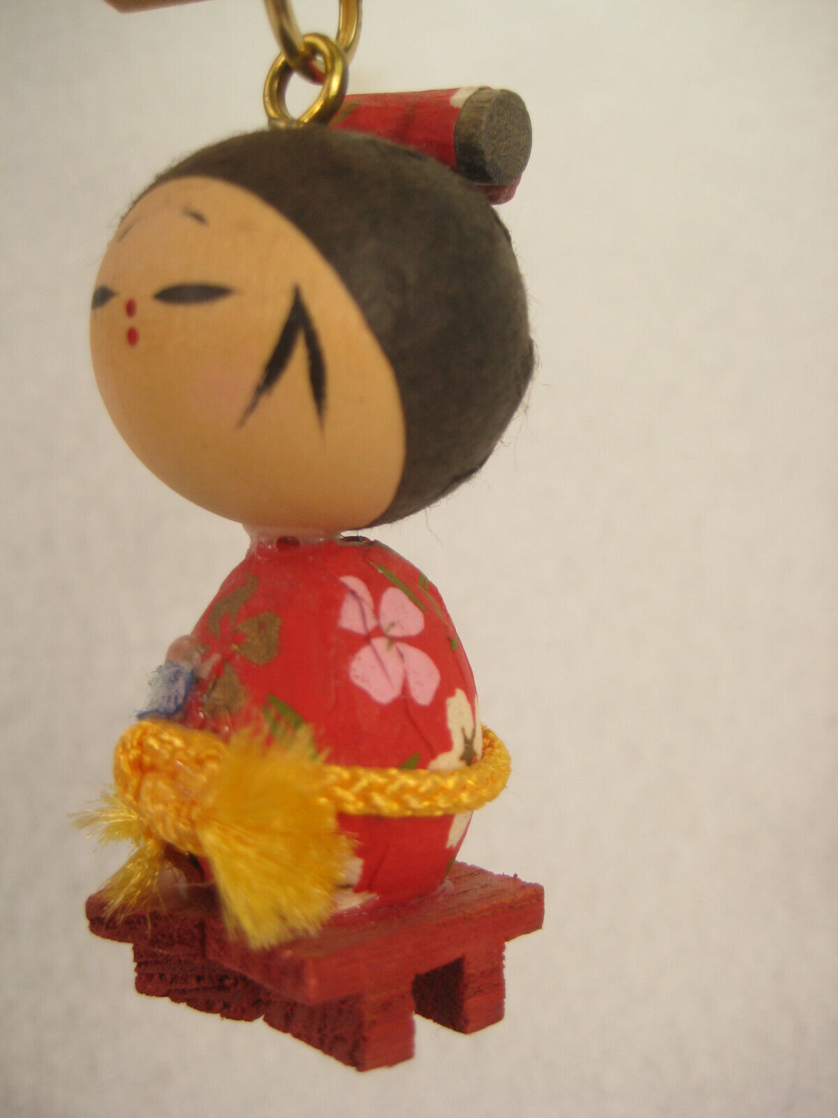 Vintage Japanese Kokeshi Wooden Doll Paper Kimono W/ Plaque Flowers 4.5"