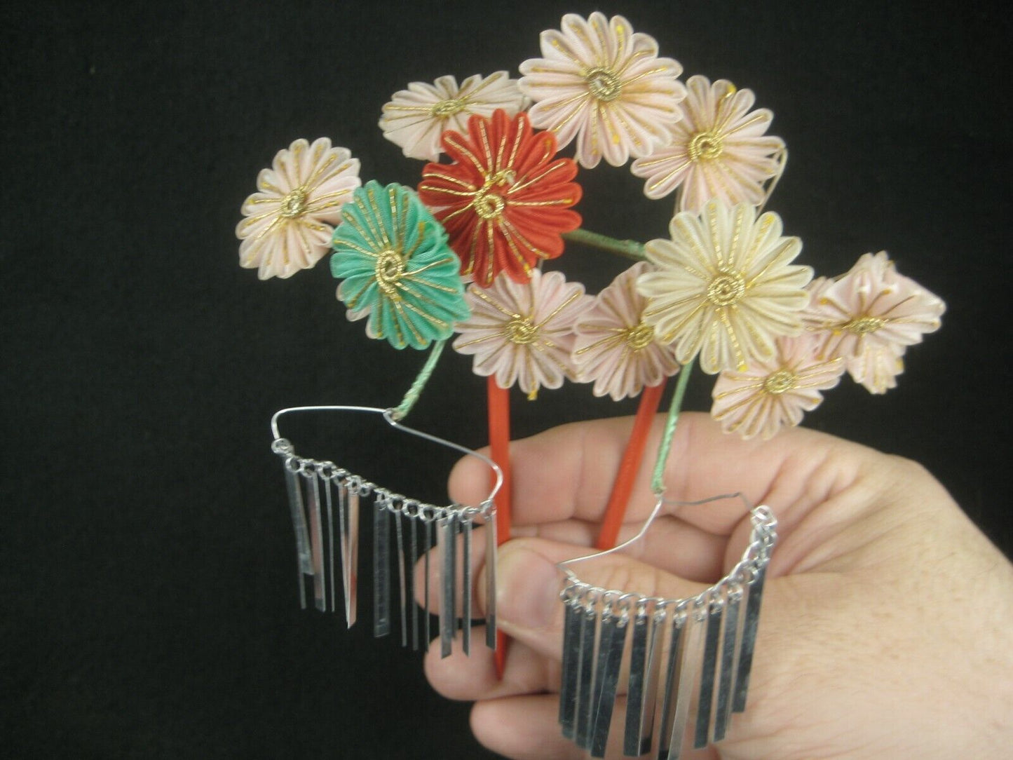 Vintage Japanese Kanzashi Geisha Style Hairpiece Flowers W/ Shiny Tassels